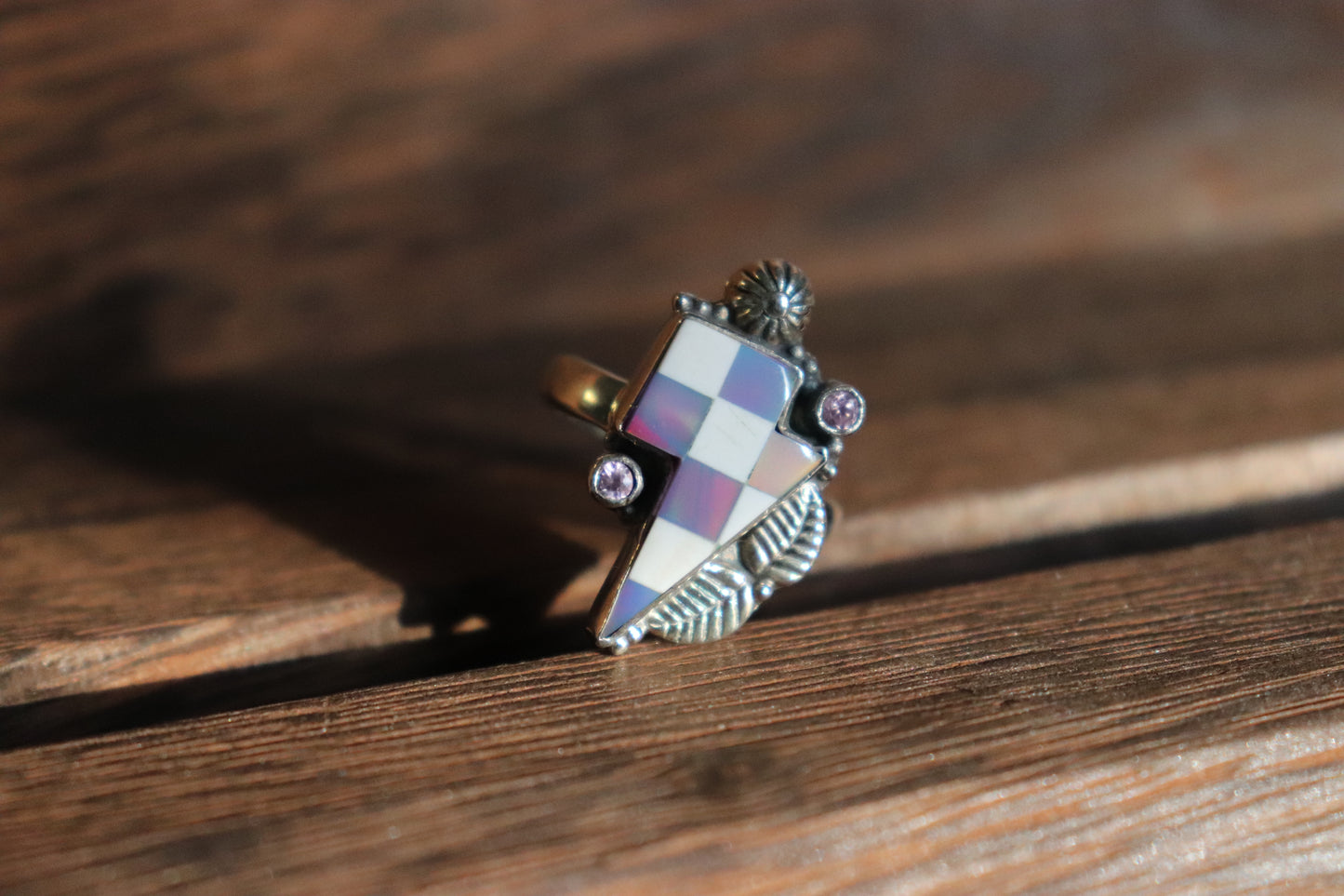 Adjustable Purple & White Checkered Inlay Lightning Bolt Ring