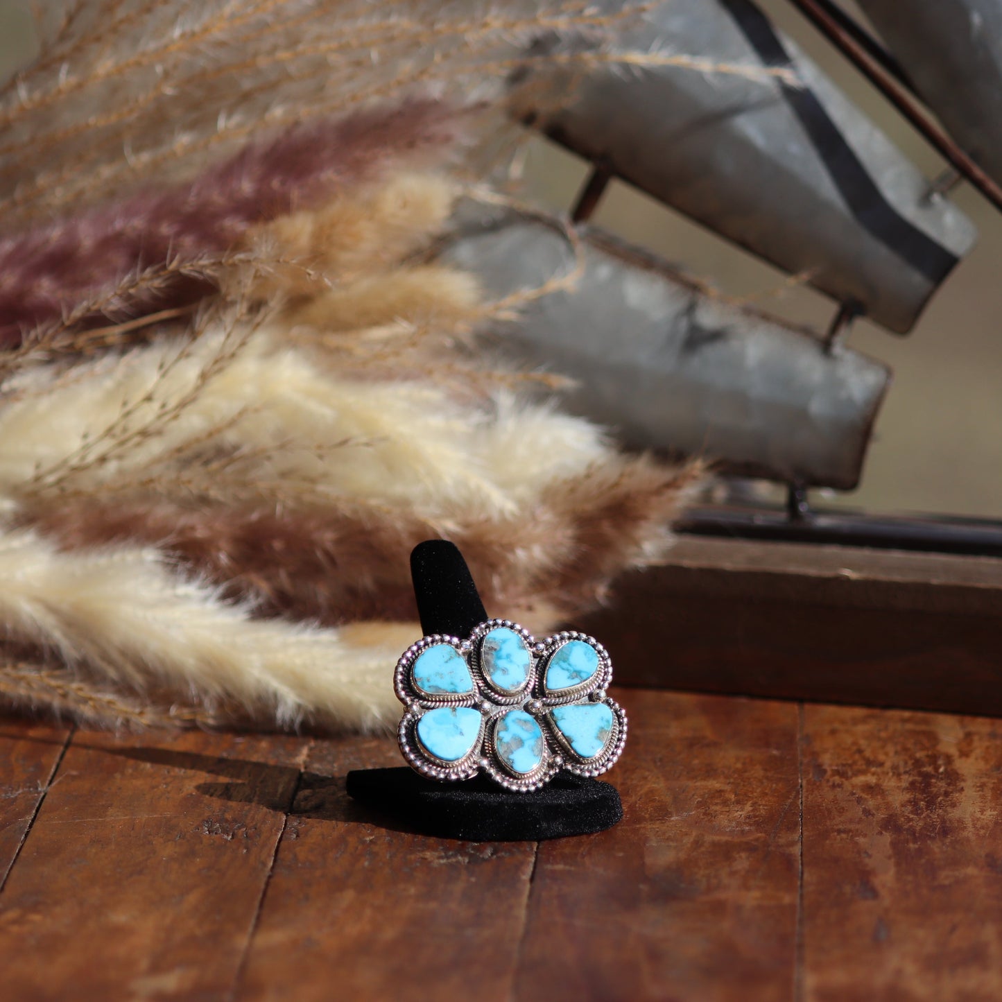 Adjustable Kingman Turquoise and 925 Sterling Silver 6 Stone Cluster Ring | Size 6-10