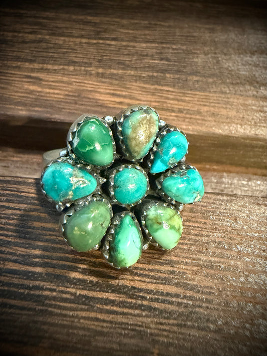 Genuine Turquoise Cluster Ring in 925 Sterling Silver | Southwestern Western Jewelry