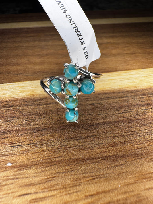 6-Stone Kingman Turquoise Cross Ring | Size 8