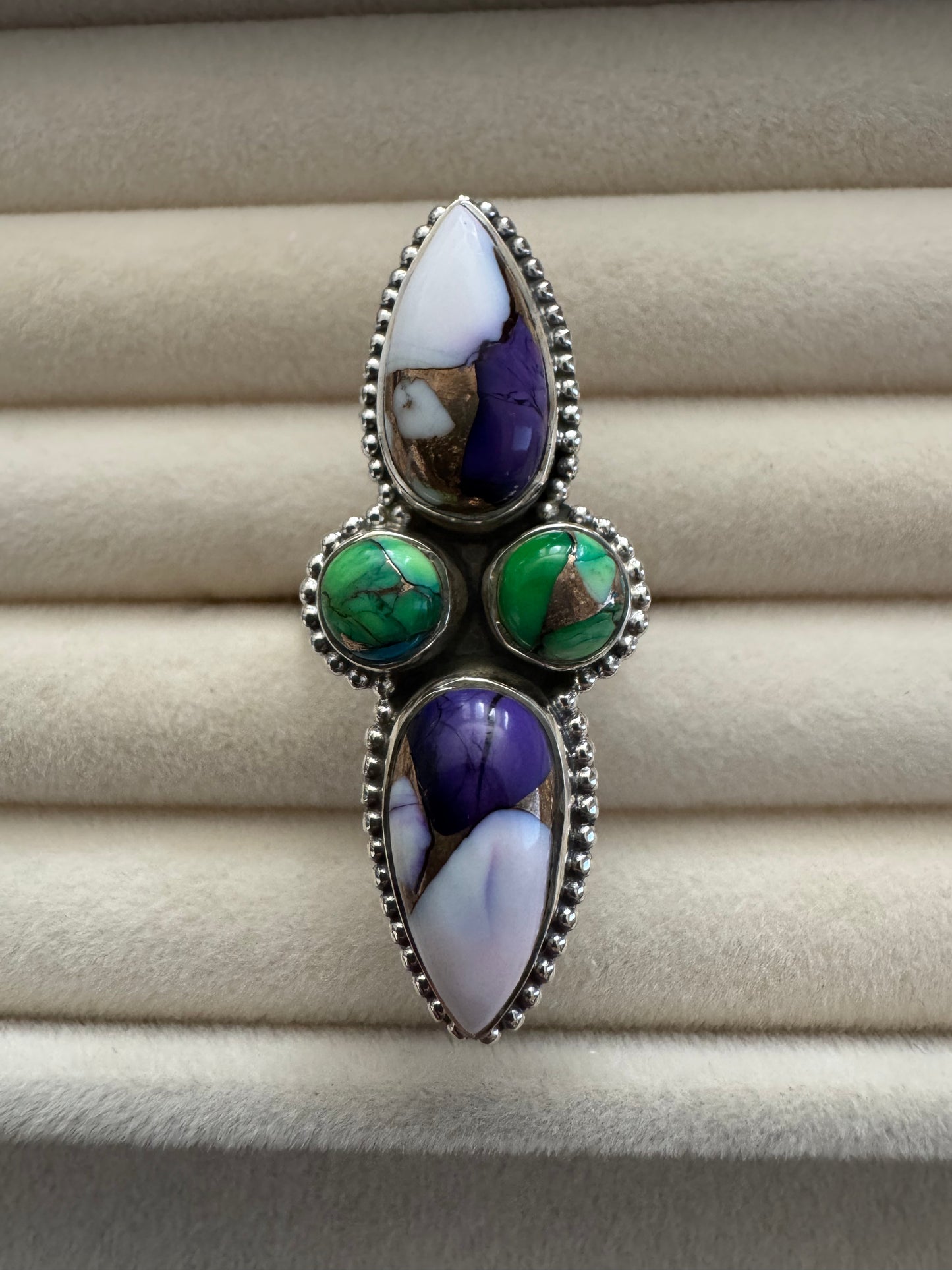 Peacock Dahlia & Purple Dahlia Sterling Silver Statement Ring | Size 9