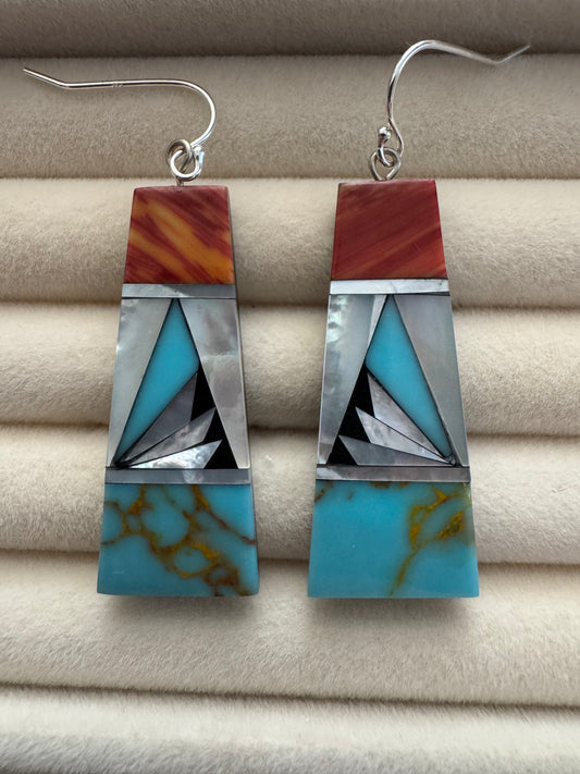 Native Made Turquoise & Shell Inlay Sterling Silver Earrings