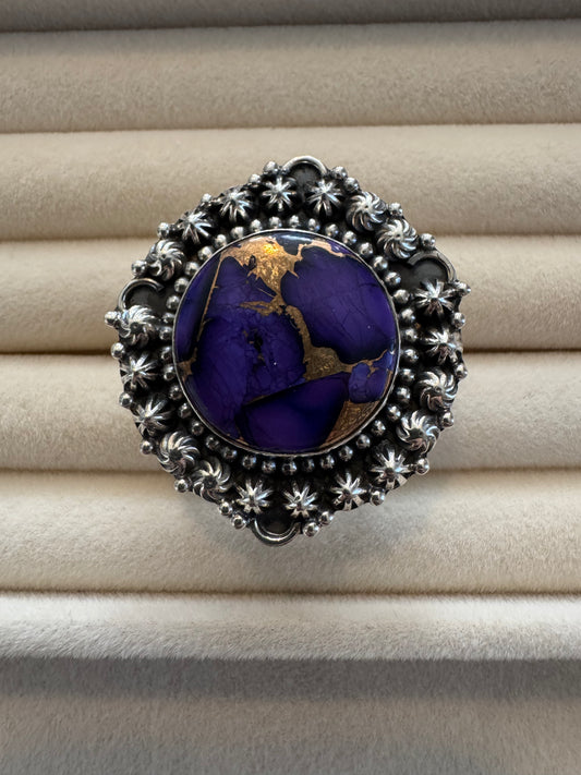 Purple Dahlia Turquoise Ornate Sterling Silver Statement Ring | Size 7