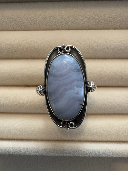 Blue Lace Agate Sterling Silver Oval Ring | Size 8