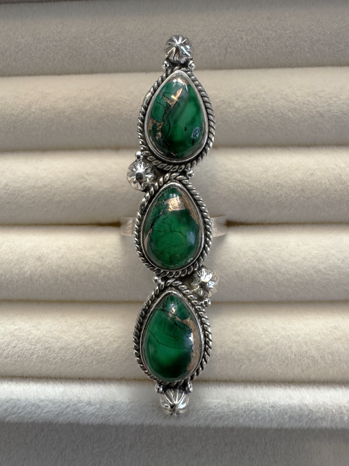 Irish Dahlia Turquoise 3-Stone Sterling Silver Ring | Size 6