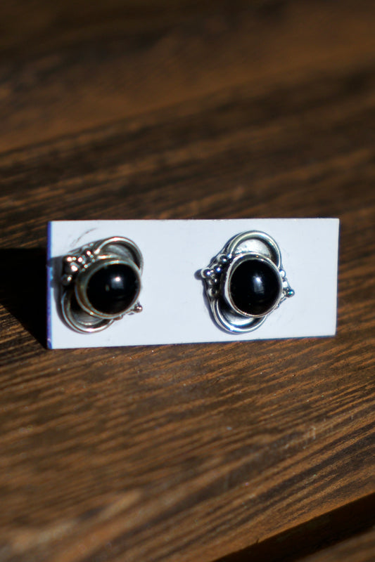 Black Onyx Stud Earrings with Sterling Silver Detailing