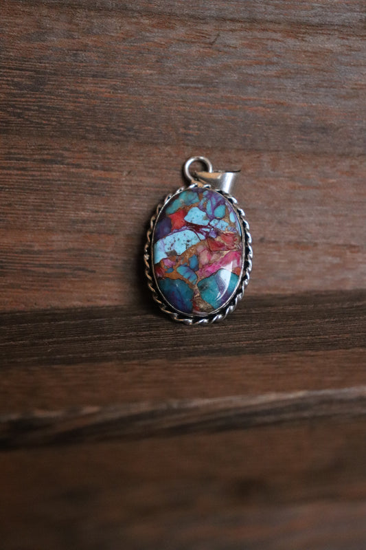 Rainbow Dahlia Oval Pendant – Silver Plated