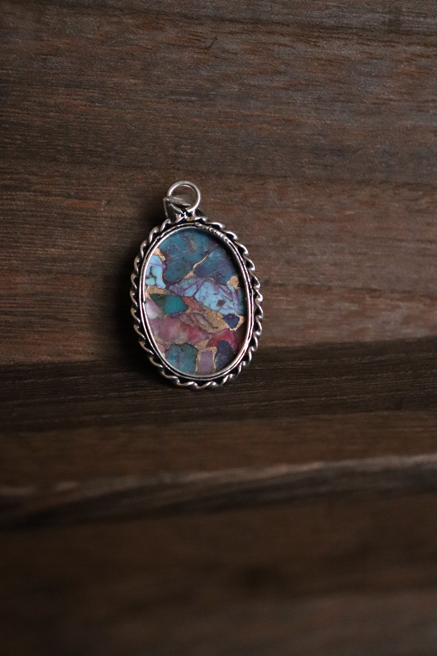 Rainbow Dahlia Oval Pendant – Silver Plated