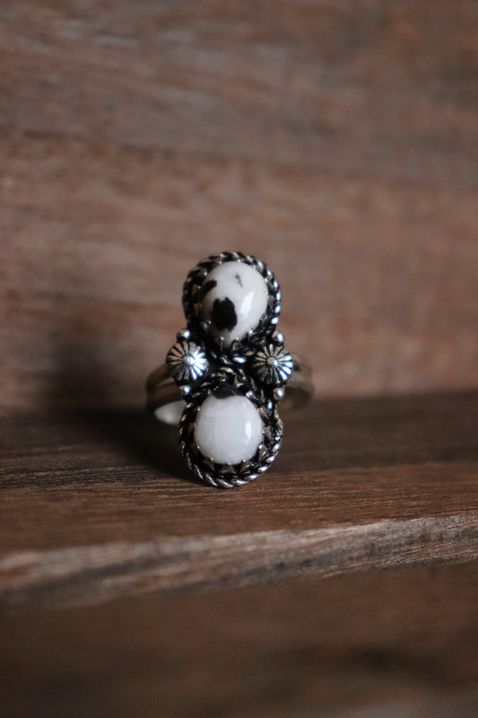 Adjustable Two-Stone White Buffalo Ring – Silver Plated