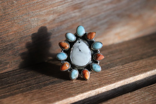 Adjustable White Buffalo, Larimar & Spiny Oyster Cluster Statement Ring