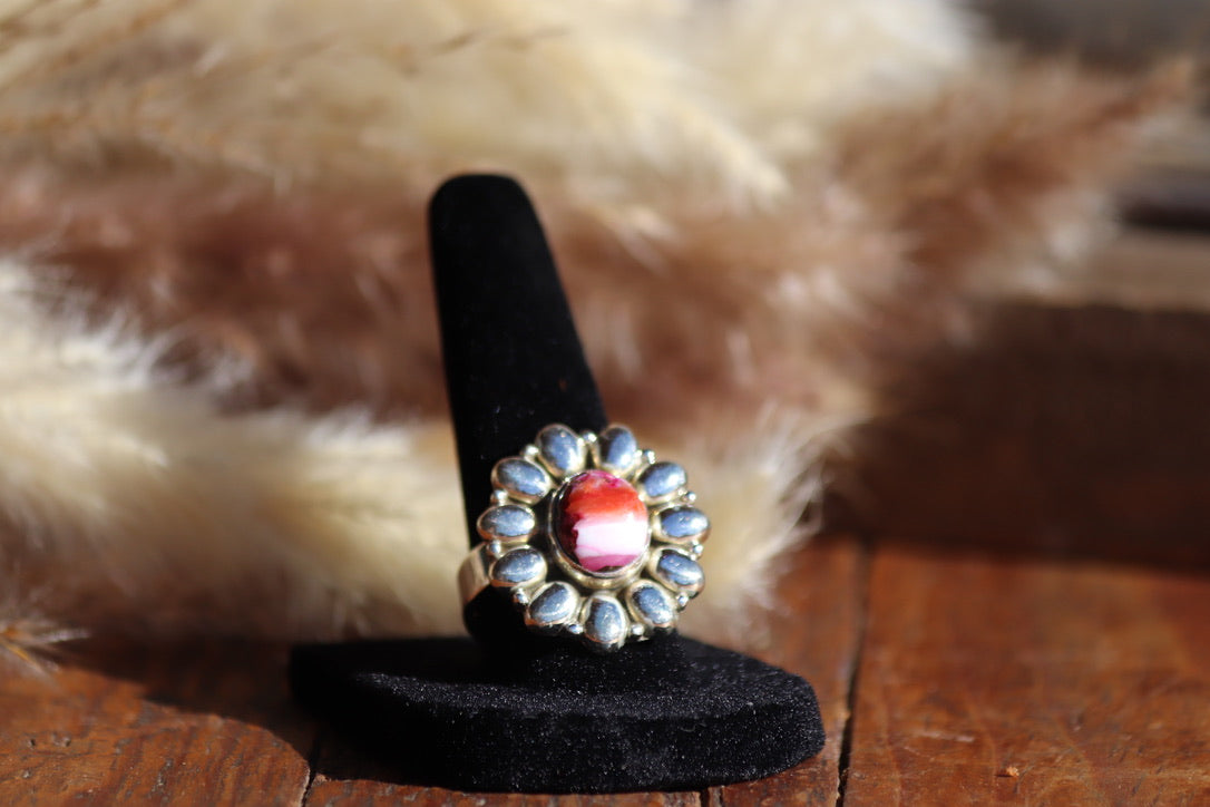 Pink Dahlia & Spiny Oyster Sterling Silver Adjustable Statement Ring | Size 5-9