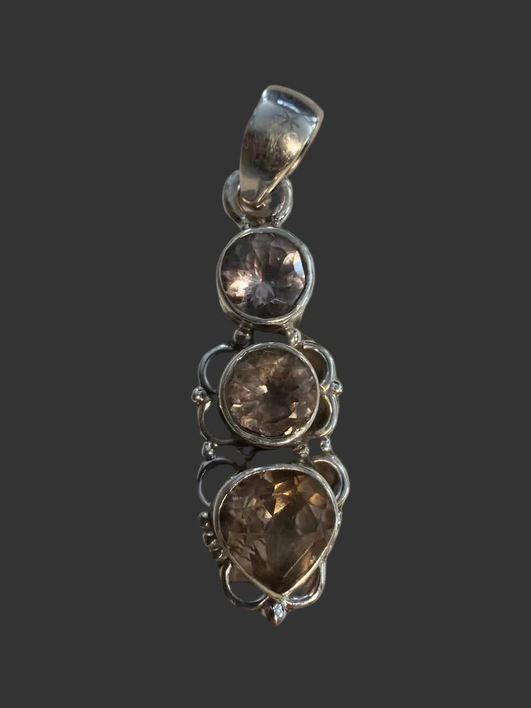 Three-Stone Natural Smoky Quartz Sterling Silver Pendant