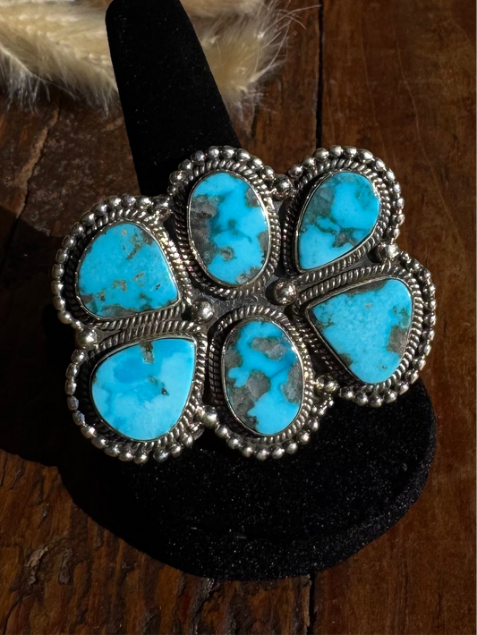 Adjustable Kingman Turquoise and 925 Sterling Silver 6 Stone Cluster Ring | Size 6-10