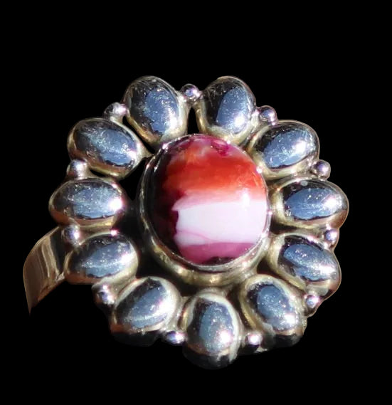 Pink Dahlia & Spiny Oyster Sterling Silver Adjustable Statement Ring | Size 5-9