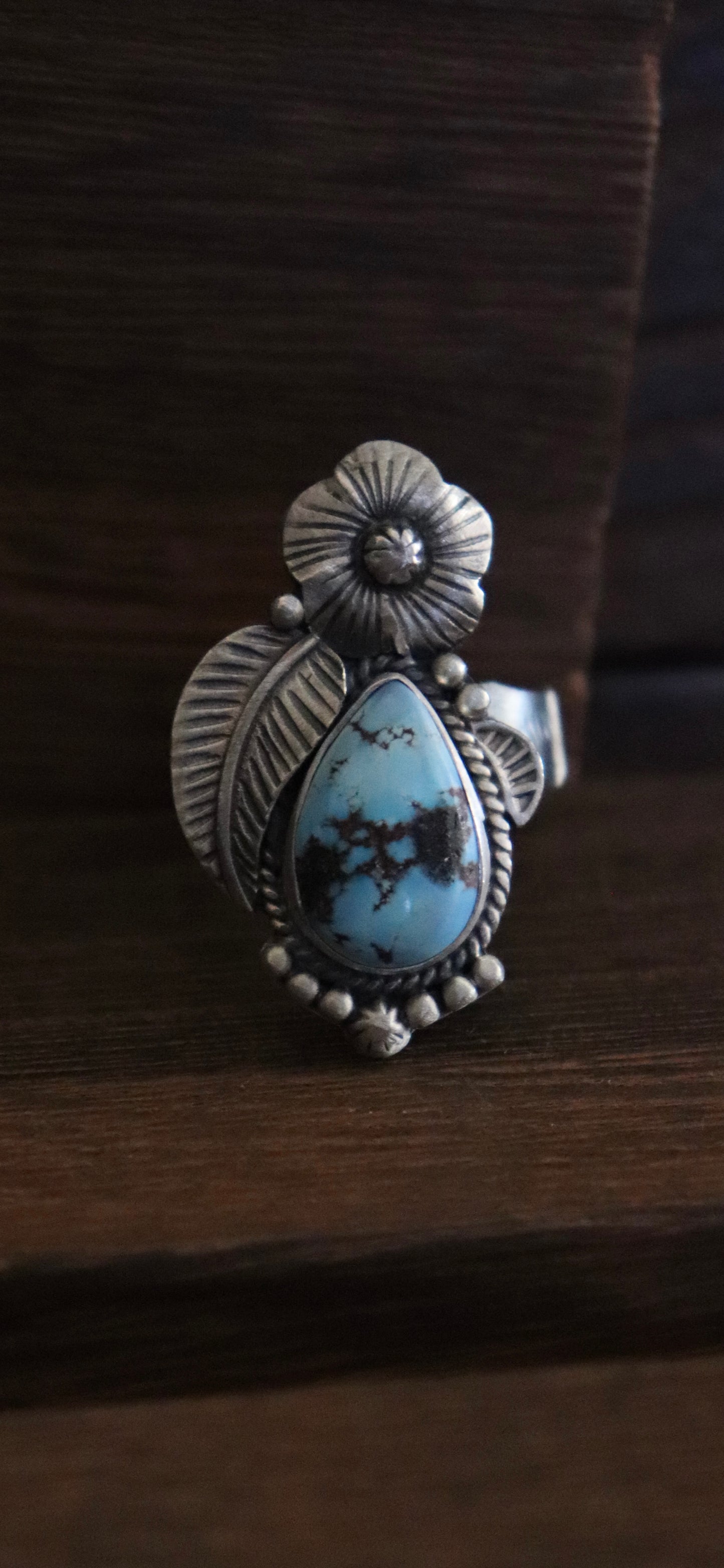 Adjustable Golden Hills Turquoise Teardrop Ring with Floral Detail – Sterling Silver