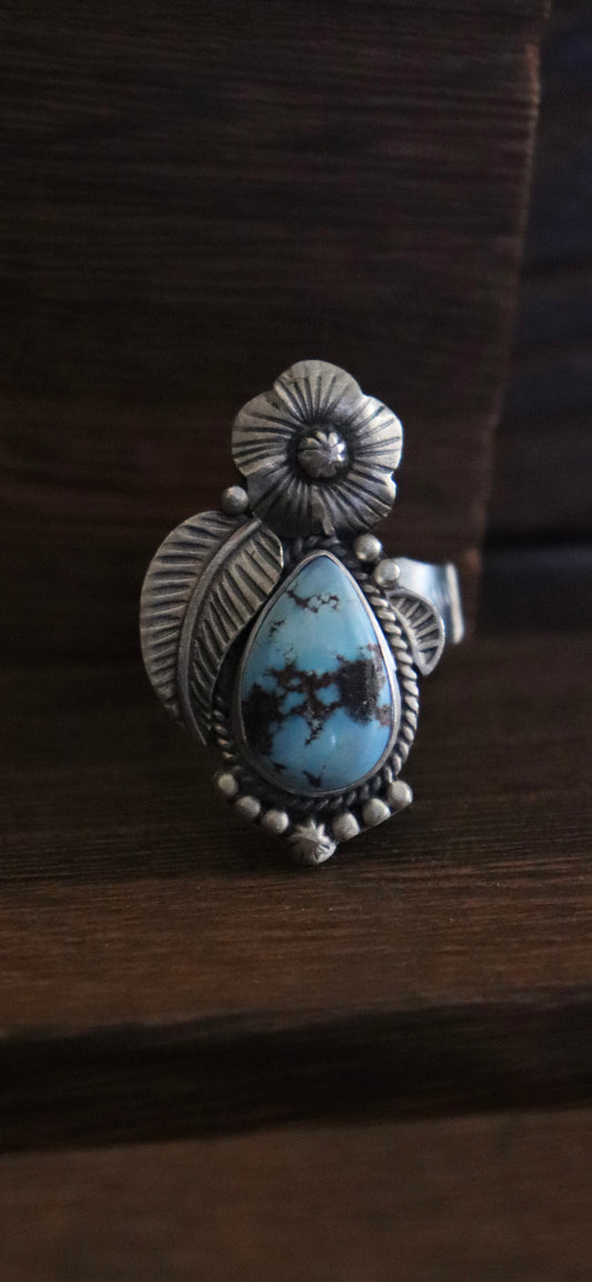 Adjustable Golden Hills Turquoise Teardrop Ring with Floral Detail – Sterling Silver