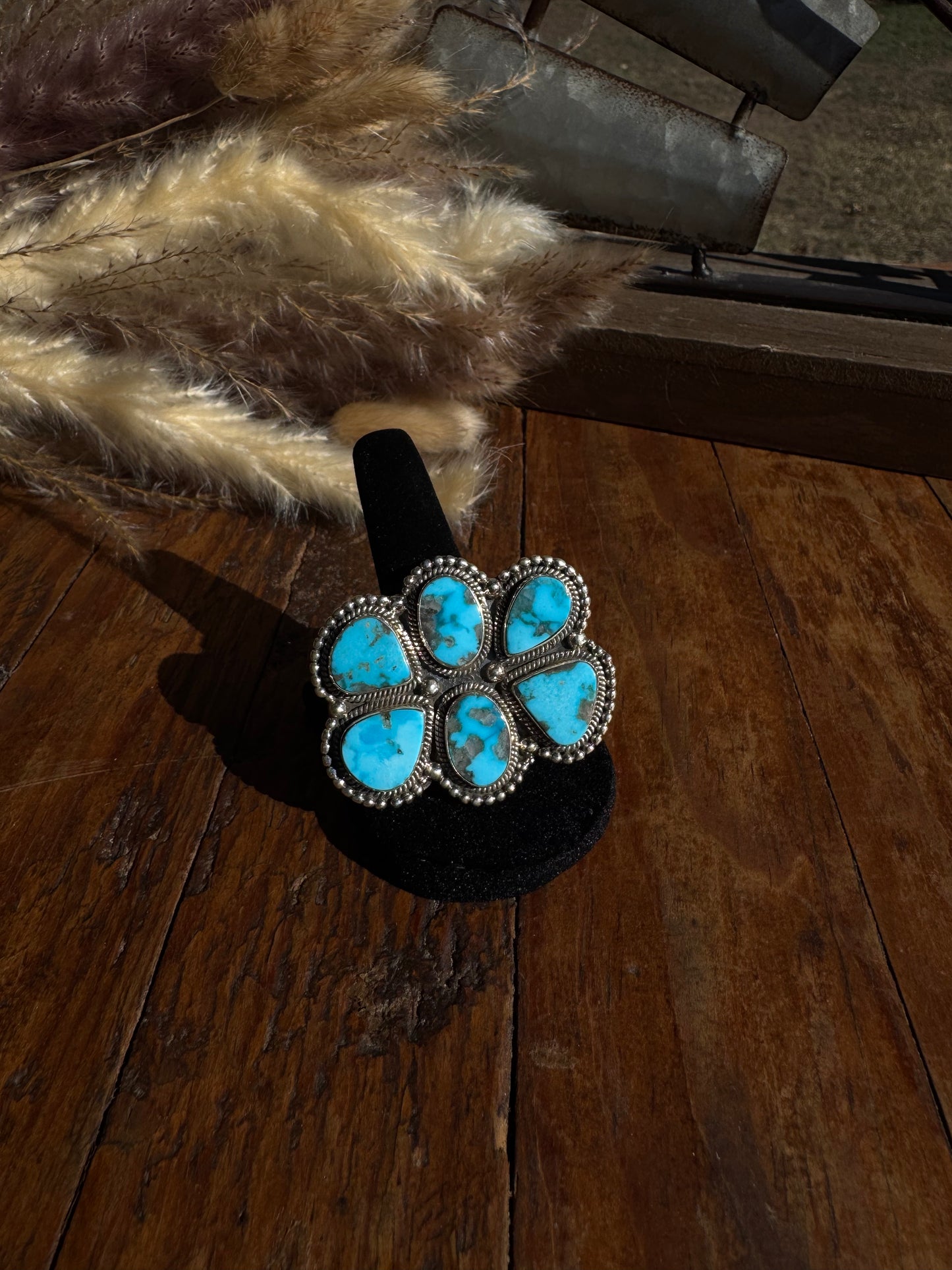 Adjustable Kingman Turquoise and 925 Sterling Silver 6 Stone Cluster Ring | Size 6-10