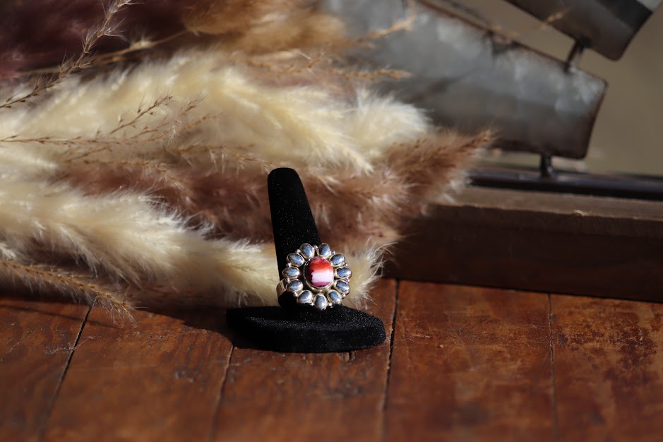 Pink Dahlia & Spiny Oyster Sterling Silver Adjustable Statement Ring | Size 5-9